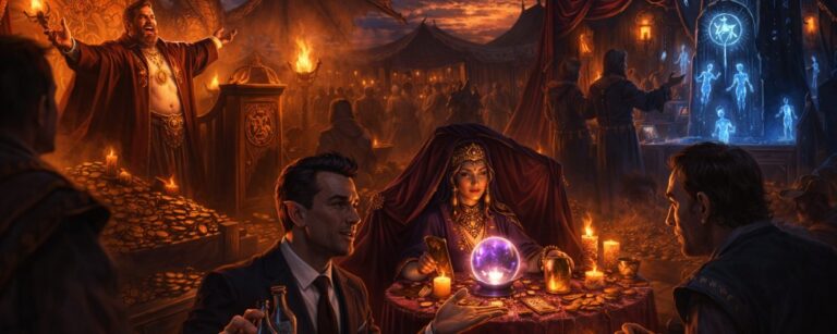 Düsteres Fantasy-Marktbanner bei Abenddämmerung: Ein laut predigender Drachenhort-Guru vor Goldbergen, eine geheimnisvolle Wahrsagerin mit violett leuchtender Kristallkugel, ein elegant gekleideter Alchemie-Verkäufer mit Phiolen und Schriftrollen sowie im Hintergrund ein blau glühender Runen-Monolith mit magischen Figuren.