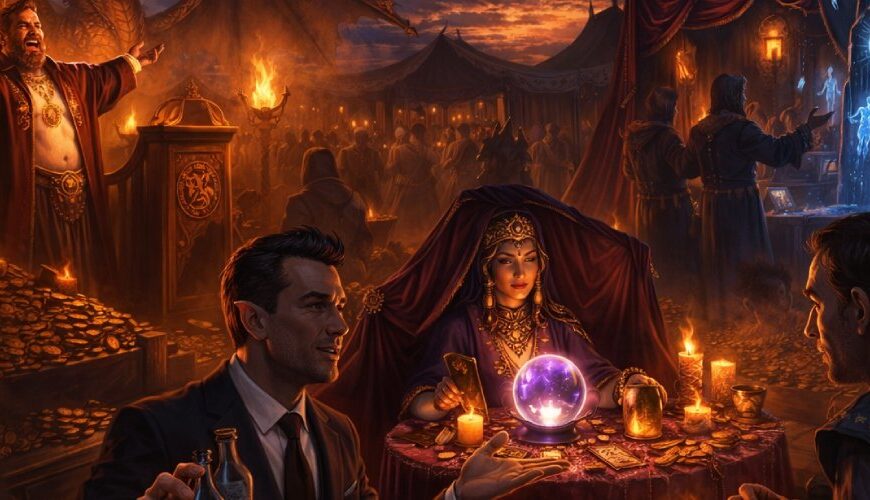 Düsteres Fantasy-Marktbanner bei Abenddämmerung: Ein laut predigender Drachenhort-Guru vor Goldbergen, eine geheimnisvolle Wahrsagerin mit violett leuchtender Kristallkugel, ein elegant gekleideter Alchemie-Verkäufer mit Phiolen und Schriftrollen sowie im Hintergrund ein blau glühender Runen-Monolith mit magischen Figuren.