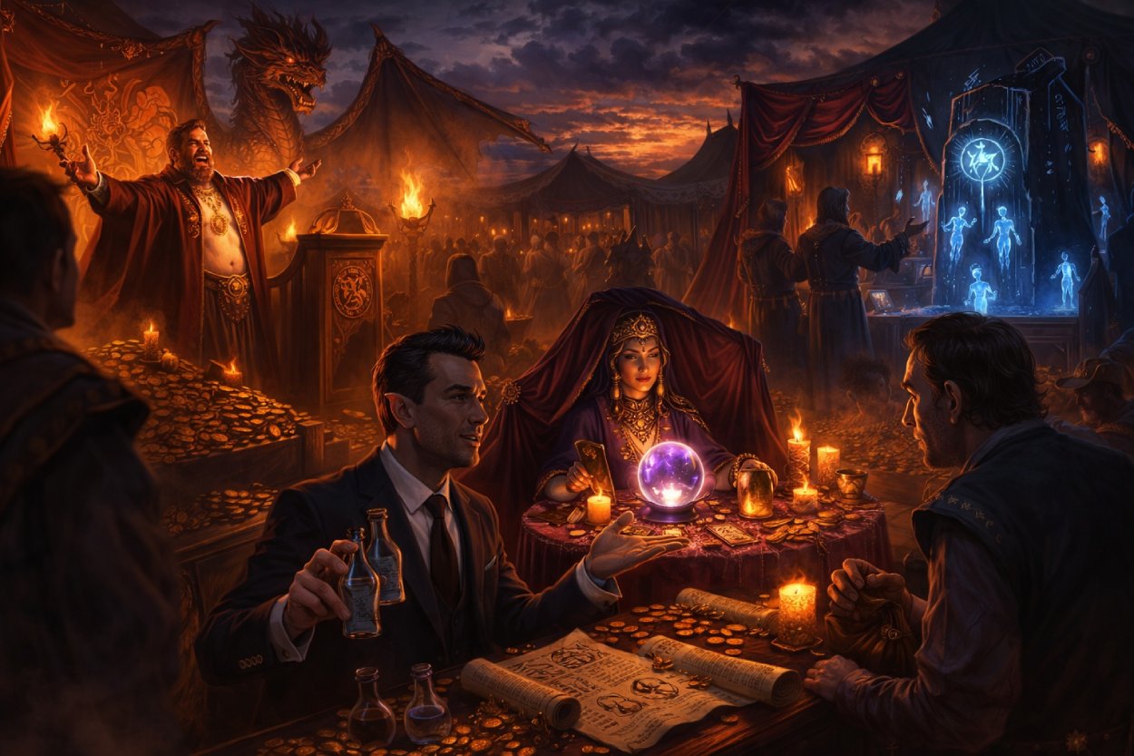 Vier nutzlose Fantasy-NPCs in einer mittelalterlichen Gasse: eine Frau mit Eimer, ein Schmied am Amboss, ein müder Händler und eine Straßenkehrerin.