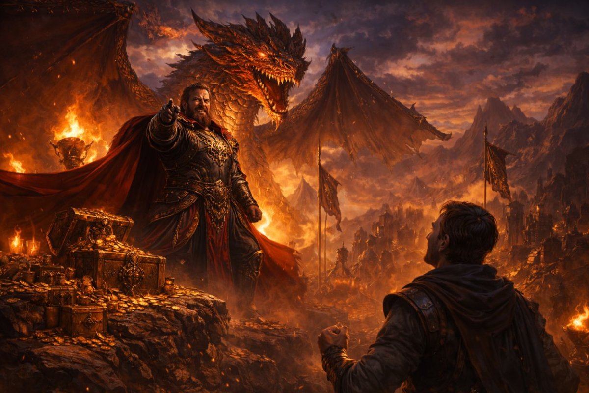 Fantasy-Coach mit drachenhafter Ausstrahlung predigt Dominanz und Erfolg vor dramatischer Kulisse