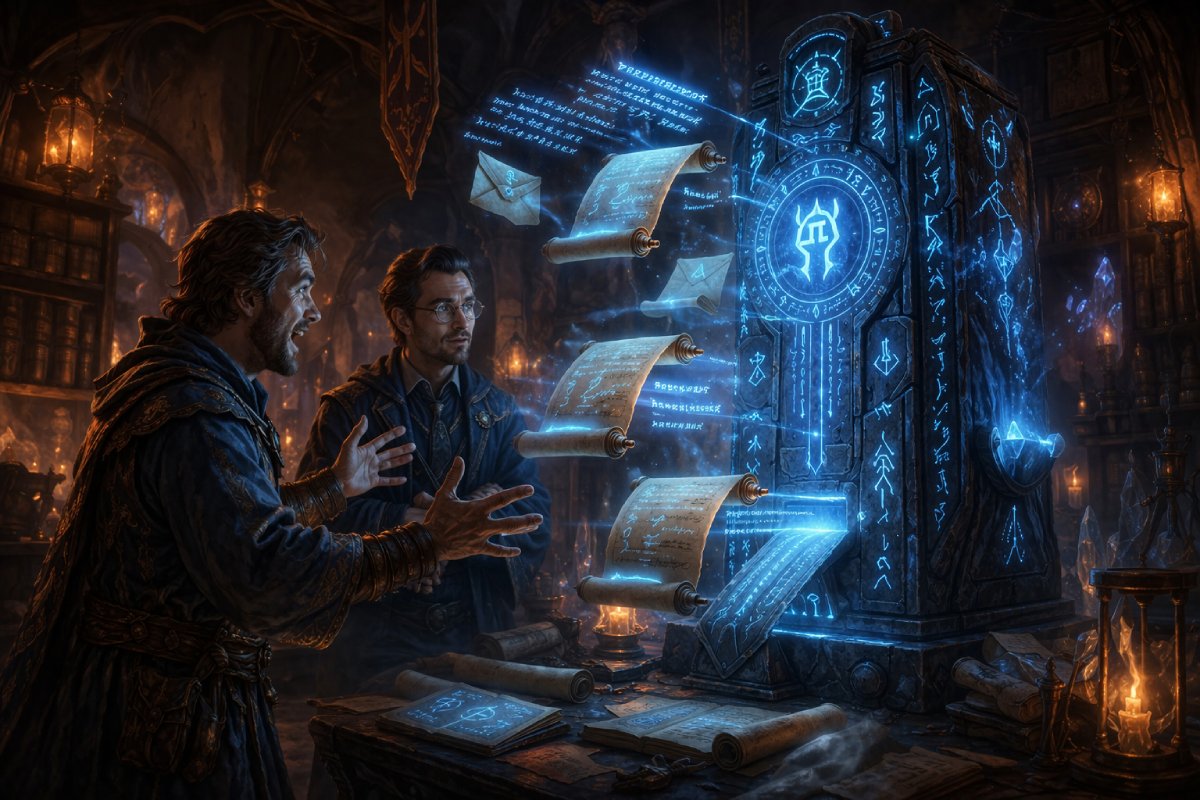 Magischer Runen-Obelisk erzeugt Texte und Zauber, während ein begeisterter Nutzer staunend davorsteht