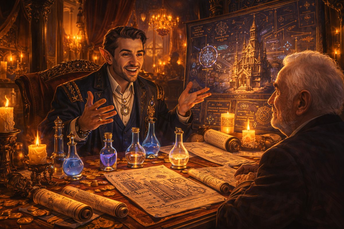 Selbstsicherer Fantasy-Investor lauscht einem alchemistischen Start-up-Pitch voller Visionen und leerer Versprechen