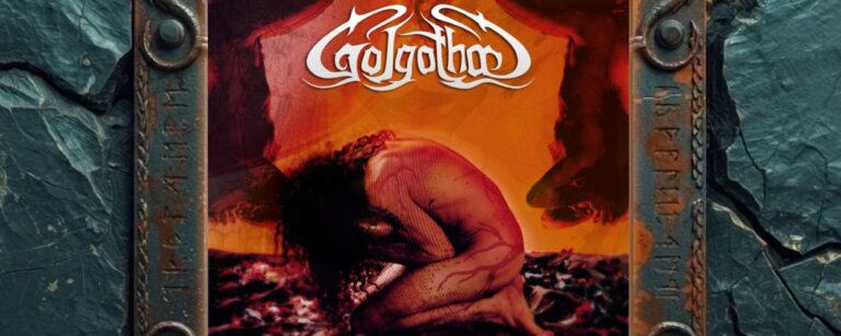 Albumcover von Golgotha – Hubris: In warmem Rotorange kauert eine nackte, zusammengesunkene Figur auf einem dunklen, blütenübersäten Untergrund; am Bildrand zeichnen sich düstere Schattenformen ab, darüber steht das große weiße Golgotha-Logo, unten der Albumtitel.