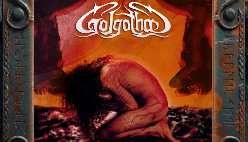 Albumcover von Golgotha – Hubris: In warmem Rotorange kauert eine nackte, zusammengesunkene Figur auf einem dunklen, blütenübersäten Untergrund; am Bildrand zeichnen sich düstere Schattenformen ab, darüber steht das große weiße Golgotha-Logo, unten der Albumtitel.