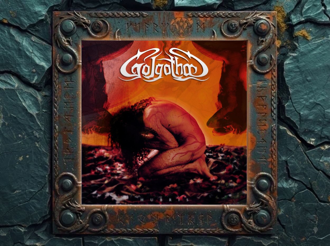 Albumcover von Golgotha – Hubris: In warmem Rotorange kauert eine nackte, zusammengesunkene Figur auf einem dunklen, blütenübersäten Untergrund; am Bildrand zeichnen sich düstere Schattenformen ab, darüber steht das große weiße Golgotha-Logo, unten der Albumtitel.