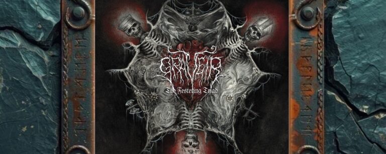 Albumcover von Graveir – The Festering Triad: Ein düsteres, symmetrisch aufgebautes Black-Metal-Artwork in Schwarz, Grau und Rot. Im Zentrum steht ein fleischiges, rotes Symbol unter dem verästelten Graveir-Logo, umgeben von Schädeln, Knochen, okkulten Zeichen und drei rot leuchtenden Elementen, die wie ein faulendes Herrschaftswappen wirken.