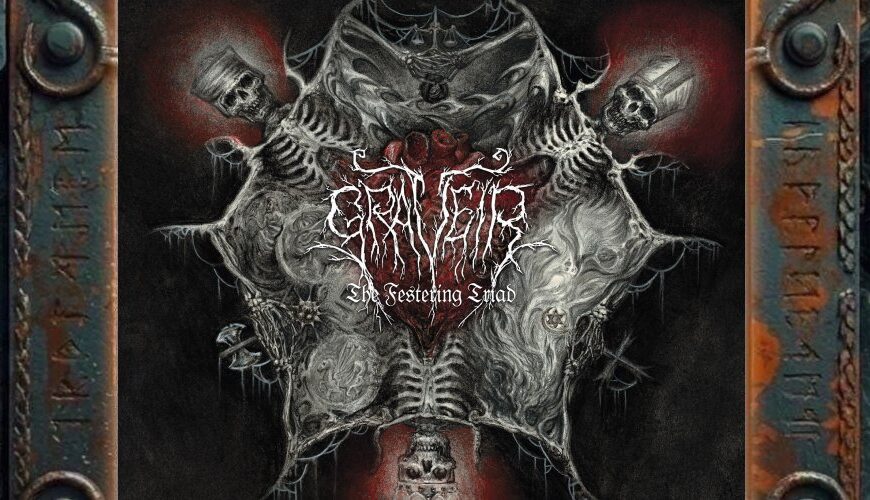 Albumcover von Graveir – The Festering Triad: Ein düsteres, symmetrisch aufgebautes Black-Metal-Artwork in Schwarz, Grau und Rot. Im Zentrum steht ein fleischiges, rotes Symbol unter dem verästelten Graveir-Logo, umgeben von Schädeln, Knochen, okkulten Zeichen und drei rot leuchtenden Elementen, die wie ein faulendes Herrschaftswappen wirken.