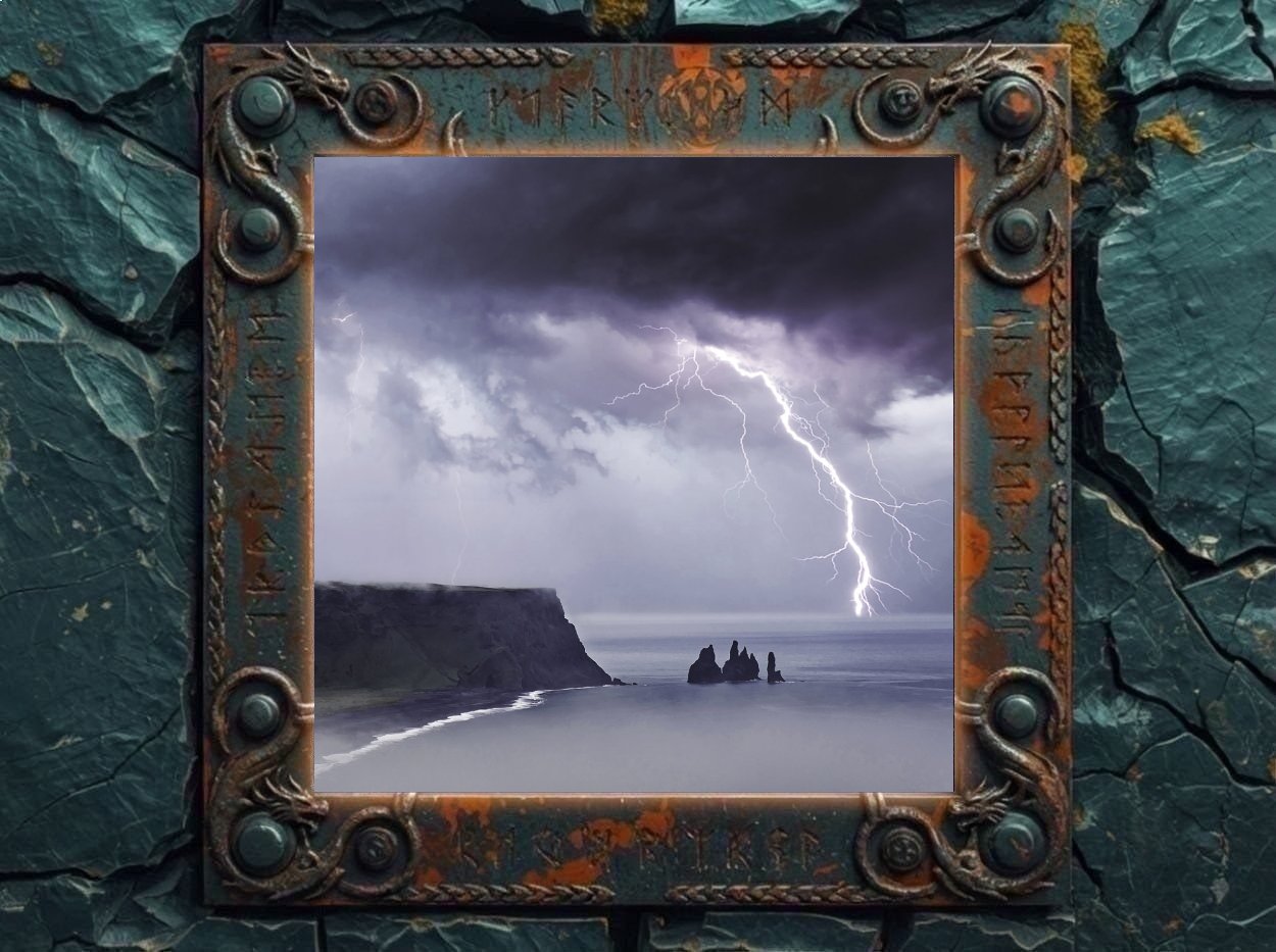 Albumcover von Ilienses Tree – Toward The Storm: Eine düstere Küstenlandschaft unter schweren Gewitterwolken. Über dem graublauen Meer zuckt ein heller Blitz herab, links ragt eine dunkle Klippe ins Bild, rechts stehen schroffe Felsnadeln im Wasser. Das Motiv wirkt kalt, melancholisch und bedrohlich wie ein Sturm kurz vor dem Einschlag.