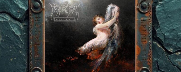 Albumcover Descent von Immolation: nackte, blass leuchtende Frauenfigur mit großem grauweißen Flügel in dunkler Leere über rot glühendem Untergrund.