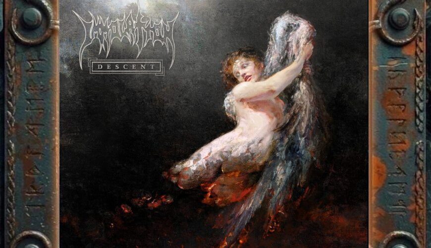 Albumcover Descent von Immolation: nackte, blass leuchtende Frauenfigur mit großem grauweißen Flügel in dunkler Leere über rot glühendem Untergrund.