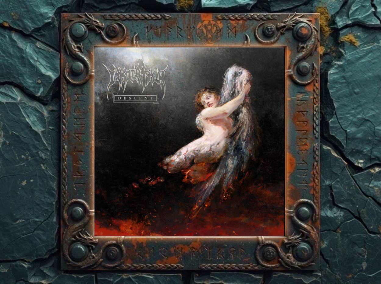 Albumcover Descent von Immolation: nackte, blass leuchtende Frauenfigur mit großem grauweißen Flügel in dunkler Leere über rot glühendem Untergrund.