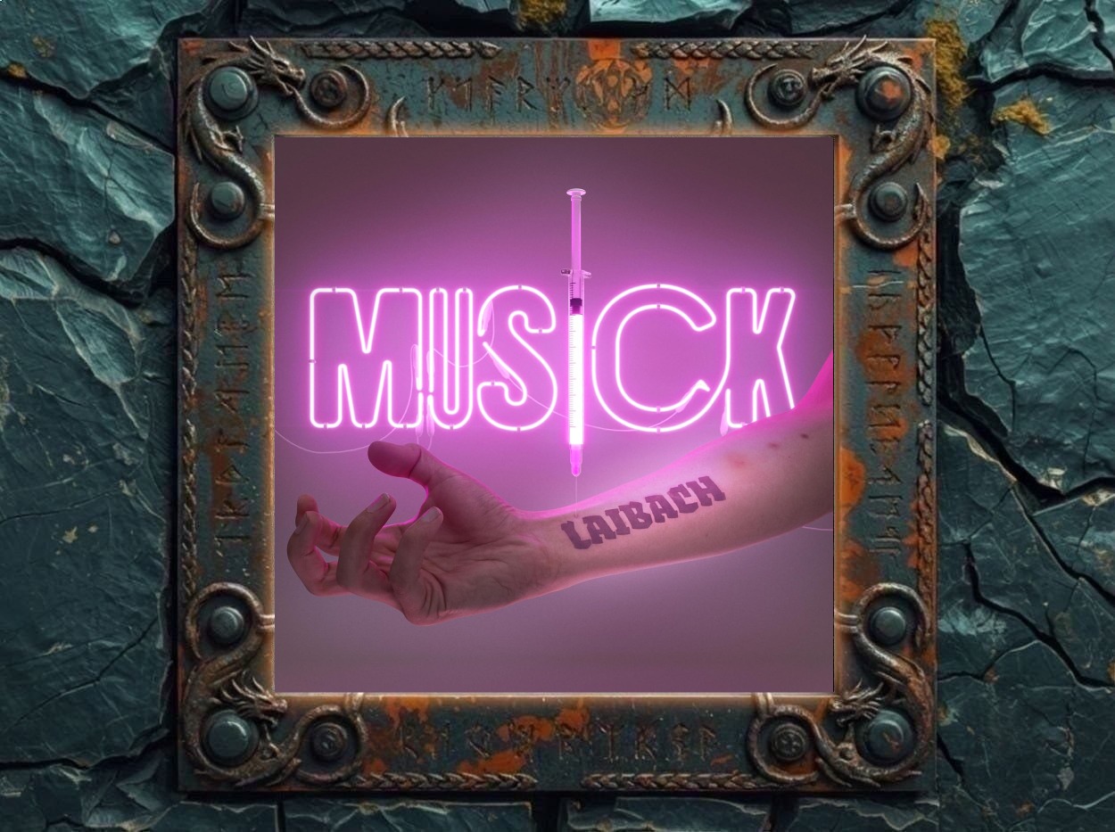 Albumcover von Laibach – Musick: Ein ausgestreckter Unterarm mit Laibach-Tattoo liegt vor einem grell pink leuchtenden Neon-Schriftzug „Musick“. Zwischen den Buchstaben hängt eine Spritze, die wie eine künstliche Musik-Injektion wirkt.