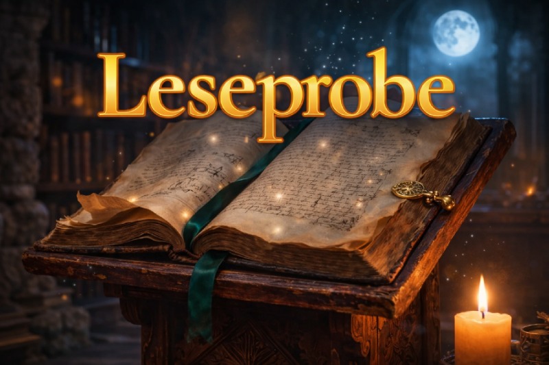 Leseprobe, symbolisiert durch ein aufgeschlagenes, antikes Buch.