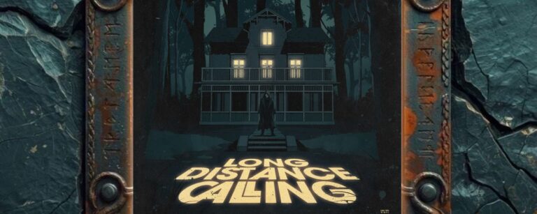 Albumcover The Phantom Void von Long Distance Calling: einsames hell erleuchtetes Haus im dunklen Wald, davor eine schwarze Gestalt und großer leuchtender Titel am Boden.