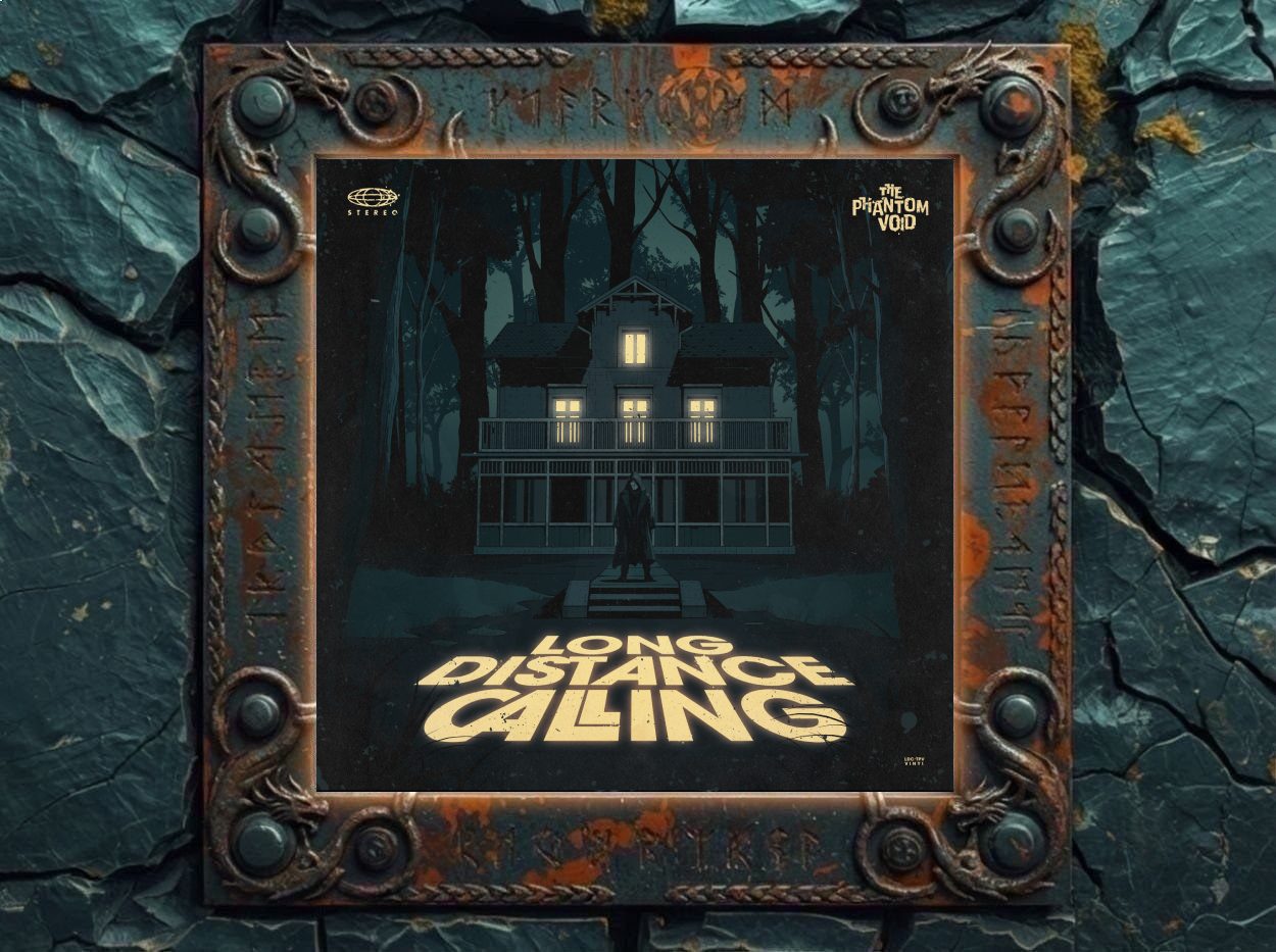 Albumcover The Phantom Void von Long Distance Calling: einsames hell erleuchtetes Haus im dunklen Wald, davor eine schwarze Gestalt und großer leuchtender Titel am Boden.