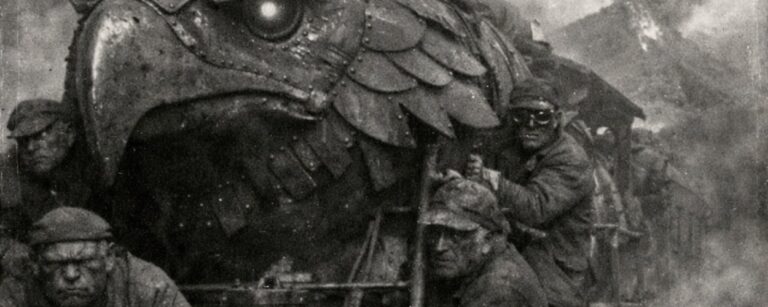 Historisch wirkende Schwarzweißaufnahme im Hochformat: Eine gewaltige Dampflok mit vollständig in genietete Metallplatten eingearbeitetem Adlerkopf fährt durch eine vulkanische Ödnis. Dicker Rauch quillt aus dem Schlot, während orkische und goblinhafte Arbeiter sich an Front, Trittstufen und Kessel festklammern. Neben den Gleisen glimmen Spalten im Gestein, im Hintergrund steigen Rauch und Feuer aus dunklen Bergen auf. Das Bild wirkt wie ein verschollenes Katastrophenfoto aus den Zwanzigern und verbindet industrielle Wucht mit finsterer Fantasy.