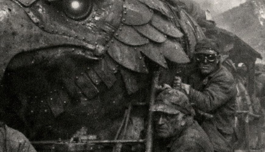 Historisch wirkende Schwarzweißaufnahme im Hochformat: Eine gewaltige Dampflok mit vollständig in genietete Metallplatten eingearbeitetem Adlerkopf fährt durch eine vulkanische Ödnis. Dicker Rauch quillt aus dem Schlot, während orkische und goblinhafte Arbeiter sich an Front, Trittstufen und Kessel festklammern. Neben den Gleisen glimmen Spalten im Gestein, im Hintergrund steigen Rauch und Feuer aus dunklen Bergen auf. Das Bild wirkt wie ein verschollenes Katastrophenfoto aus den Zwanzigern und verbindet industrielle Wucht mit finsterer Fantasy.