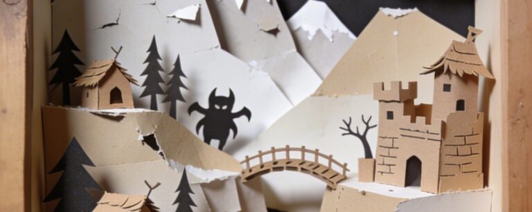 Fotografierter Schattenkasten im Hochformat mit echter Papierbastel-Optik: In einem rustikalen Holzrahmen zeigt ein mehrschichtiges Ork-Kinder-Diorama eine wilde Berglandschaft aus zerrissenem Papier mit schiefen Hütten, kleiner Festung, krummer Brücke, schwarzem Lavastrom, Hörnerfelsen, Papierbäumen, Mond und kindlich-bedrohlichen Monsterformen am Himmel. Unten marschieren zwei einfache Papierfiguren mit Axt, Schädel-Laterne und Proviantbeutel durch die Szene. Alles wirkt wie eine echte Bastelarbeit aus der Vorschule, nur leider aus einer Vorschule mit sehr eigener Vorstellung von Idylle.