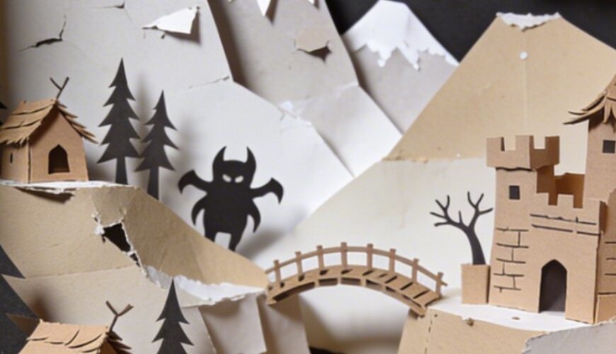 Fotografierter Schattenkasten im Hochformat mit echter Papierbastel-Optik: In einem rustikalen Holzrahmen zeigt ein mehrschichtiges Ork-Kinder-Diorama eine wilde Berglandschaft aus zerrissenem Papier mit schiefen Hütten, kleiner Festung, krummer Brücke, schwarzem Lavastrom, Hörnerfelsen, Papierbäumen, Mond und kindlich-bedrohlichen Monsterformen am Himmel. Unten marschieren zwei einfache Papierfiguren mit Axt, Schädel-Laterne und Proviantbeutel durch die Szene. Alles wirkt wie eine echte Bastelarbeit aus der Vorschule, nur leider aus einer Vorschule mit sehr eigener Vorstellung von Idylle.