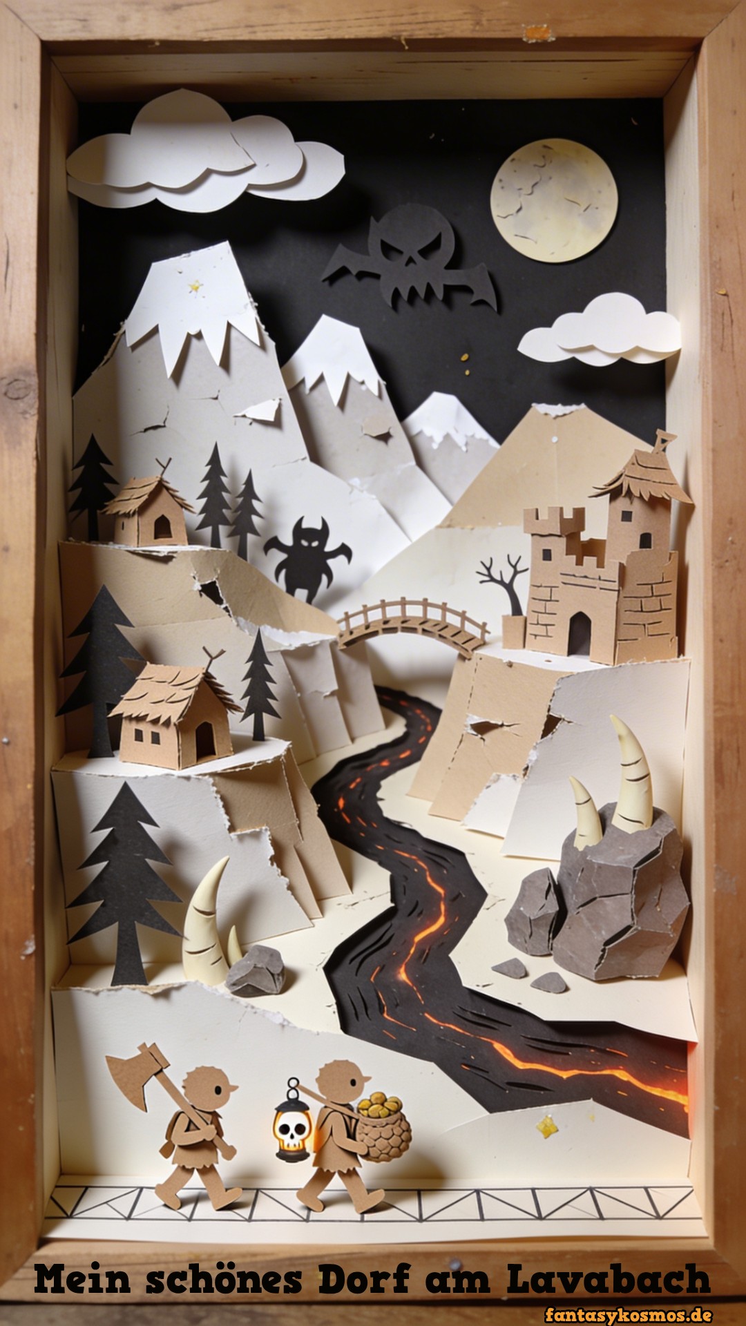 Fotografierter Schattenkasten im Hochformat mit echter Papierbastel-Optik: In einem rustikalen Holzrahmen zeigt ein mehrschichtiges Ork-Kinder-Diorama eine wilde Berglandschaft aus zerrissenem Papier mit schiefen Hütten, kleiner Festung, krummer Brücke, schwarzem Lavastrom, Hörnerfelsen, Papierbäumen, Mond und kindlich-bedrohlichen Monsterformen am Himmel. Unten marschieren zwei einfache Papierfiguren mit Axt, Schädel-Laterne und Proviantbeutel durch die Szene. Alles wirkt wie eine echte Bastelarbeit aus der Vorschule, nur leider aus einer Vorschule mit sehr eigener Vorstellung von Idylle.