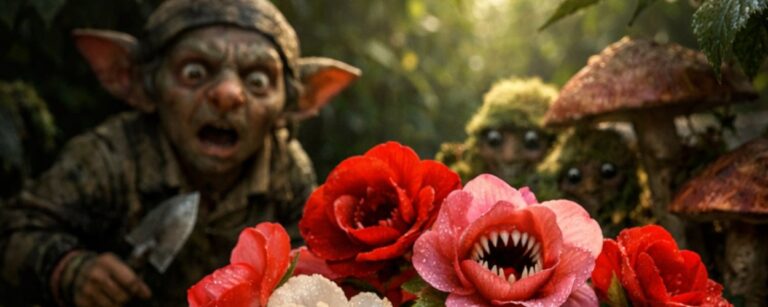 Fantasy-Meme im Hochformat: Eine prächtige rote, rosa und weiße Begonie wächst in einem feuchten, moosigen Garten der Zwischenreiche. Mehrere Blüten besitzen scharfe Zahnkränze; eine rote Blüte hat einen entsetzten Gartenzwerg halb verschluckt. Im Hintergrund starrt ein erschrockener Goblin-Gärtner mit Kelle auf die Szene, während kleine moosige Wesen zwischen Pilzen lauern. Vorne liegen Gießkanne, Schaufel und Gartengerät im dunklen Erdreich.