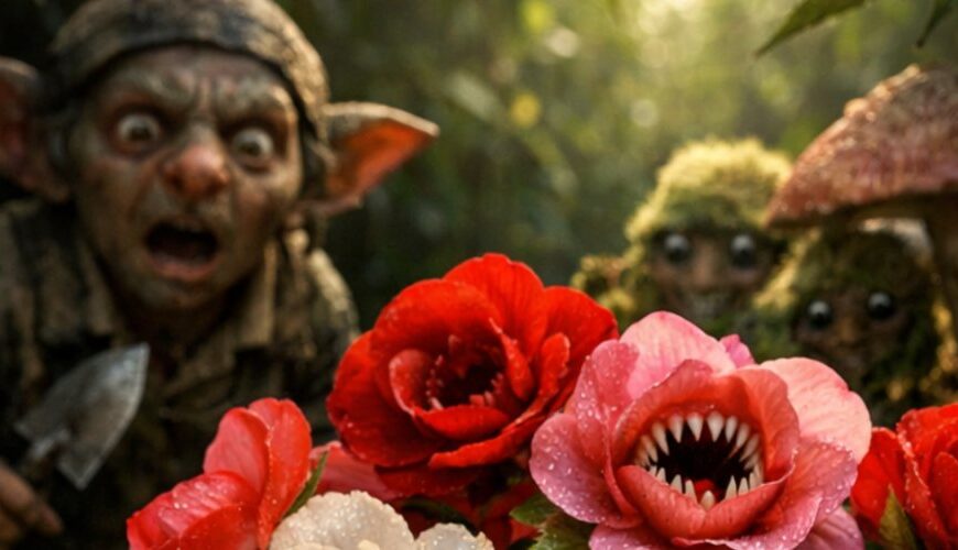Fantasy-Meme im Hochformat: Eine prächtige rote, rosa und weiße Begonie wächst in einem feuchten, moosigen Garten der Zwischenreiche. Mehrere Blüten besitzen scharfe Zahnkränze; eine rote Blüte hat einen entsetzten Gartenzwerg halb verschluckt. Im Hintergrund starrt ein erschrockener Goblin-Gärtner mit Kelle auf die Szene, während kleine moosige Wesen zwischen Pilzen lauern. Vorne liegen Gießkanne, Schaufel und Gartengerät im dunklen Erdreich.