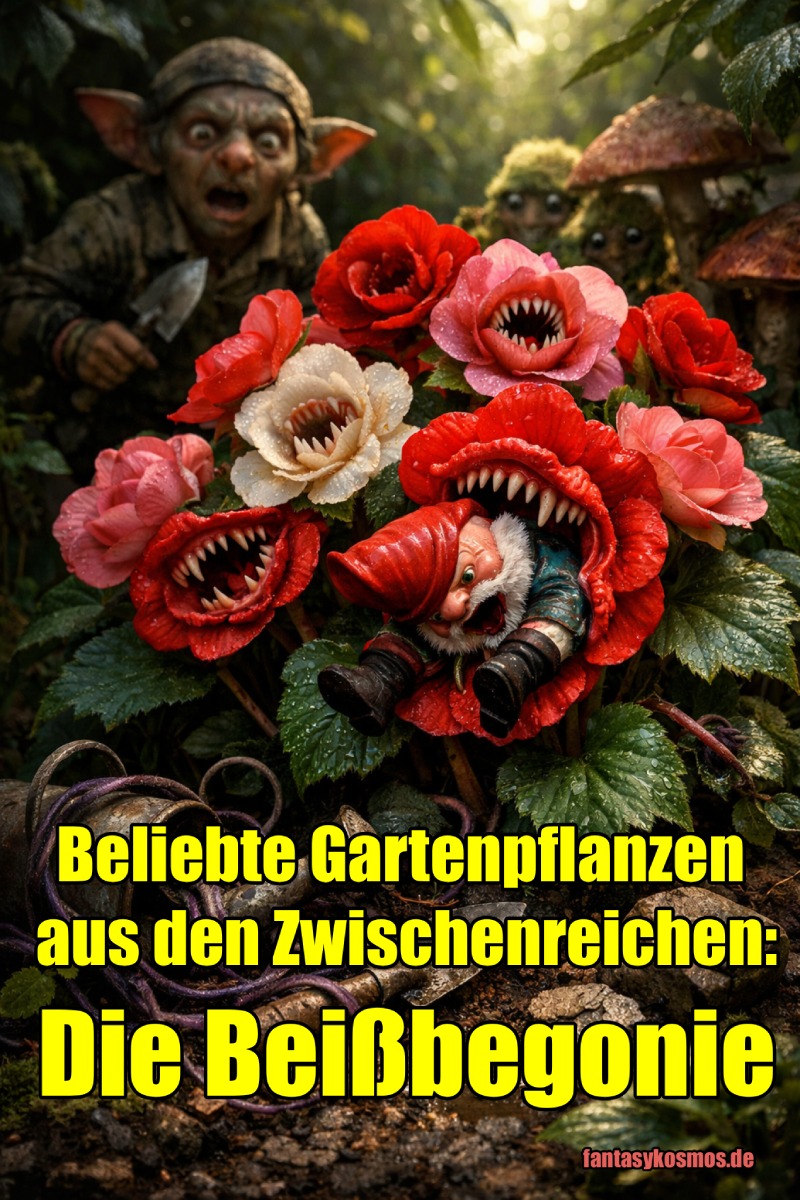 Fantasy-Meme im Hochformat: Eine prächtige rote, rosa und weiße Begonie wächst in einem feuchten, moosigen Garten der Zwischenreiche. Mehrere Blüten besitzen scharfe Zahnkränze; eine rote Blüte hat einen entsetzten Gartenzwerg halb verschluckt. Im Hintergrund starrt ein erschrockener Goblin-Gärtner mit Kelle auf die Szene, während kleine moosige Wesen zwischen Pilzen lauern. Vorne liegen Gießkanne, Schaufel und Gartengerät im dunklen Erdreich.