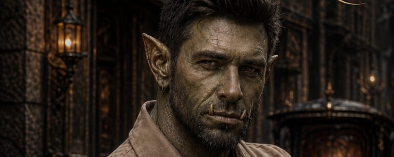 Ein elegant gekleideter Ork mit verschränkten Armen vor einer schwarzen Kutsche. Er trägt eine grotesk-verzierte goldene Uhr am Handgelenk.