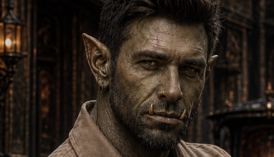 Ein elegant gekleideter Ork mit verschränkten Armen vor einer schwarzen Kutsche. Er trägt eine grotesk-verzierte goldene Uhr am Handgelenk.