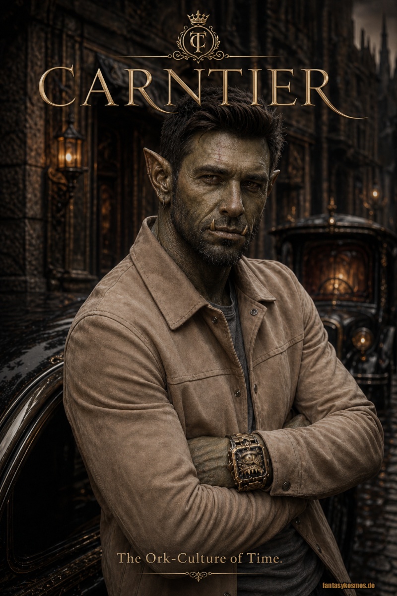 Fantasy-Meme im Stil einer düsteren Luxusuhrenkampagne: In einer finsteren, noblen Gasse der Zwischenreiche steht ein elegant gekleideter Ork mit verschränkten Armen vor einer schwarzen Kutsche. Er trägt eine grotesk-verzierte goldene Uhr am Handgelenk. Über ihm prangt in edler Goldtypografie der Markenname „CARNTIER“, darunter der Slogan „The Ork-Culture of Time.“ Das Bild parodiert klassische High-End-Uhrenwerbung mit Ork-Aristokratie, gotischem Glamour und teurem Unheil.