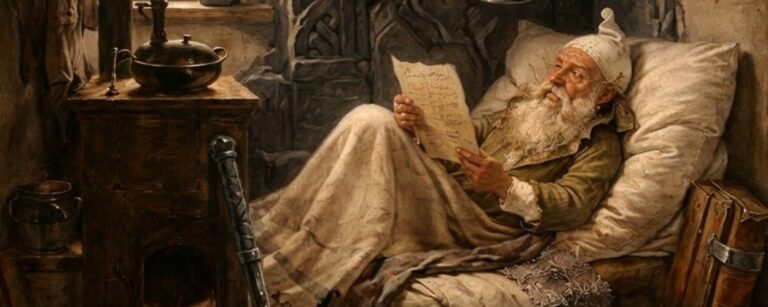 Fantasy-Parodie von Carl Spitzwegs „Der arme Poet“ im verzierten dunkelgrünen Goldrahmen: In einer engen Dachkammer liegt ein alter Zwerg mit langem weißem Bart auf einem schlichten Lager und liest ein Pergament. Um ihn herum stehen Bücher, Stiefel, Humpen, ein Ambosswerkzeug und zwergische Utensilien.