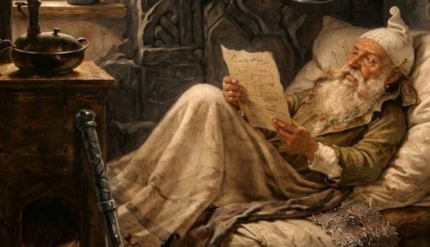 Fantasy-Parodie von Carl Spitzwegs „Der arme Poet“ im verzierten dunkelgrünen Goldrahmen: In einer engen Dachkammer liegt ein alter Zwerg mit langem weißem Bart auf einem schlichten Lager und liest ein Pergament. Um ihn herum stehen Bücher, Stiefel, Humpen, ein Ambosswerkzeug und zwergische Utensilien.