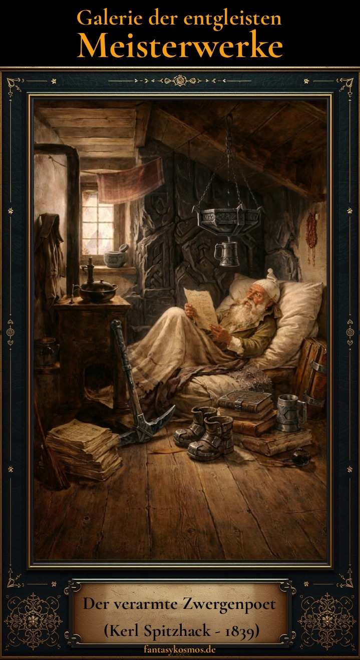Fantasy-Parodie von Carl Spitzwegs „Der arme Poet“ im verzierten dunkelgrünen Goldrahmen: In einer engen Dachkammer liegt ein alter Zwerg mit langem weißem Bart auf einem schlichten Lager und liest ein Pergament. Um ihn herum stehen Bücher, Stiefel, Humpen, ein Ambosswerkzeug und zwergische Utensilien. Oben steht „Galerie der entgleisten Meisterwerke“, unten die Plakette „Der verarmte Zwergenpoet (Kerl Spitzhack – 1839)“, Signatur „fantasykosmos.de“.