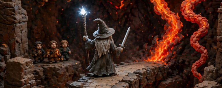Hochformatiges Fantasy-Meme im handgemachten Knet-Diorama-Stil: Auf einer schmalen Steinbrücke über einem glutheißen Abgrund steht ein kleiner grauer Zauberer mit leuchtendem Stab und Schwert und stellt sich einem riesigen gehörnten Feuerdämon entgegen. Hinter ihm ziehen sich kleine Gefährten in die Felsenhalle zurück. Unter der Brücke glüht Lava, ringsum ragen zerfallene steinerne Säulen und Zwergenfratzen aus der Tiefe. Die Szene wirkt wie ein epischer Stop-Motion-Klassiker aus bunter Knete: dramatisch, liebevoll gebaut und herrlich überlebensfeindlich.