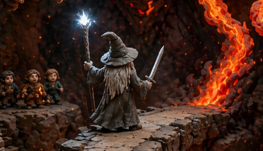Hochformatiges Fantasy-Meme im handgemachten Knet-Diorama-Stil: Auf einer schmalen Steinbrücke über einem glutheißen Abgrund steht ein kleiner grauer Zauberer mit leuchtendem Stab und Schwert und stellt sich einem riesigen gehörnten Feuerdämon entgegen. Hinter ihm ziehen sich kleine Gefährten in die Felsenhalle zurück. Unter der Brücke glüht Lava, ringsum ragen zerfallene steinerne Säulen und Zwergenfratzen aus der Tiefe. Die Szene wirkt wie ein epischer Stop-Motion-Klassiker aus bunter Knete: dramatisch, liebevoll gebaut und herrlich überlebensfeindlich.