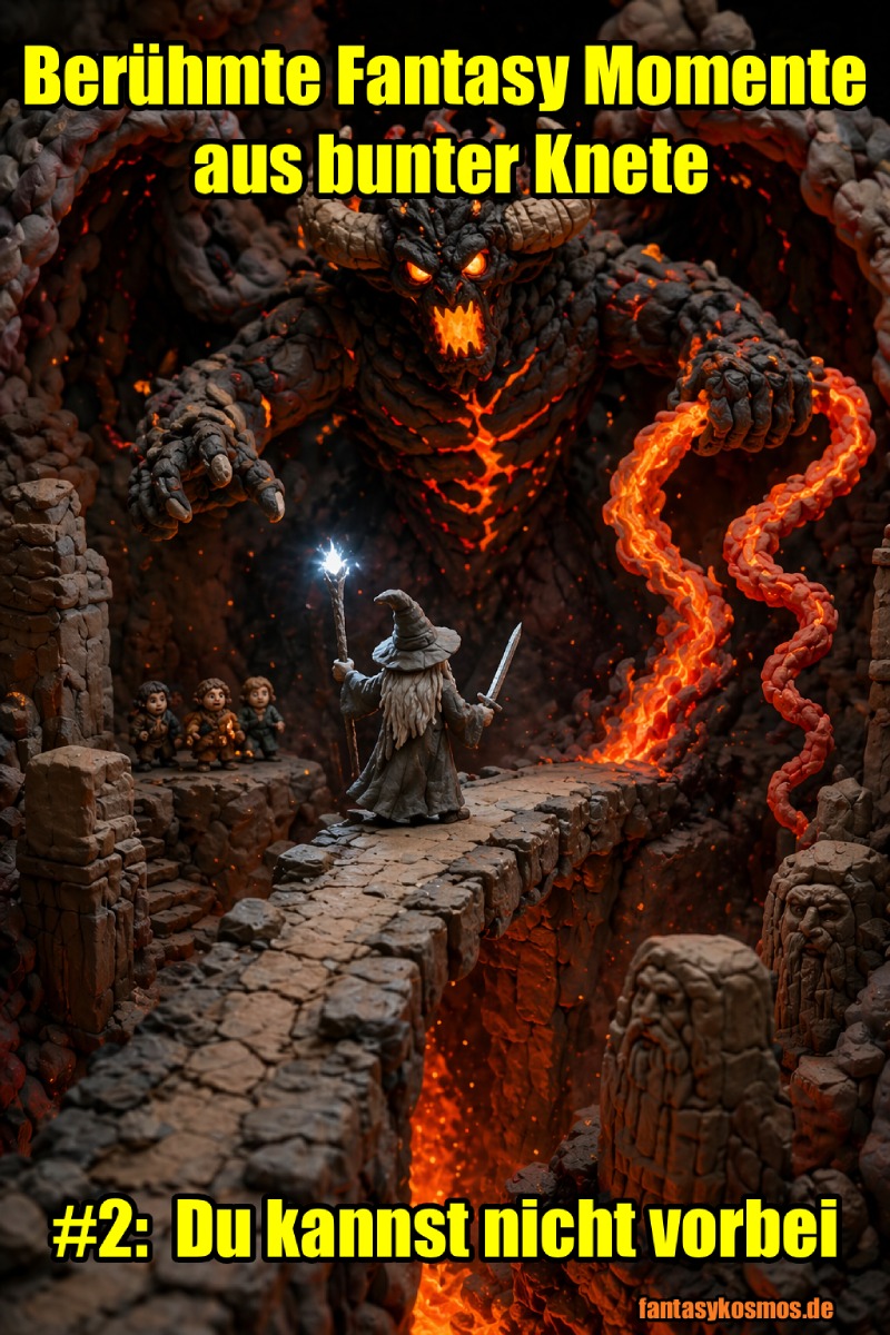 Hochformatiges Fantasy-Meme im handgemachten Knet-Diorama-Stil: Auf einer schmalen Steinbrücke über einem glutheißen Abgrund steht ein kleiner grauer Zauberer mit leuchtendem Stab und Schwert und stellt sich einem riesigen gehörnten Feuerdämon entgegen. Hinter ihm ziehen sich kleine Gefährten in die Felsenhalle zurück. Unter der Brücke glüht Lava, ringsum ragen zerfallene steinerne Säulen und Zwergenfratzen aus der Tiefe. Die Szene wirkt wie ein epischer Stop-Motion-Klassiker aus bunter Knete: dramatisch, liebevoll gebaut und herrlich überlebensfeindlich.