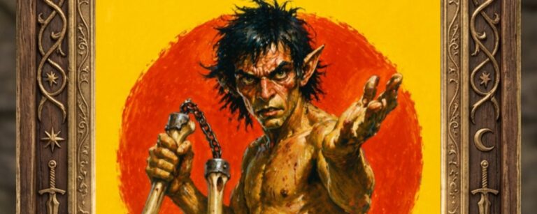 Fantasy-Filmplakat im verzierten Holzrahmen: Vor grellgelbem Hintergrund und roter Sonnenscheibe steht ein drahtiger, wild blickender Spitzohren-Kämpfer mit nacktem Oberkörper in Angriffsstellung. In der einen Hand schwingt er eine Knochenkeule an Kette, die andere Hand streckt er fordernd nach vorn. Oben steht „Raguk Sturmfaust“, unten der Titel „Die Todeskeule schlägt wieder zu“, darunter die Plakette „Klassiker des Fantasykinos“.