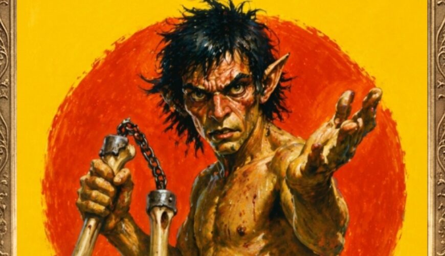 Fantasy-Filmplakat im verzierten Holzrahmen: Vor grellgelbem Hintergrund und roter Sonnenscheibe steht ein drahtiger, wild blickender Spitzohren-Kämpfer mit nacktem Oberkörper in Angriffsstellung. In der einen Hand schwingt er eine Knochenkeule an Kette, die andere Hand streckt er fordernd nach vorn. Oben steht „Raguk Sturmfaust“, unten der Titel „Die Todeskeule schlägt wieder zu“, darunter die Plakette „Klassiker des Fantasykinos“.