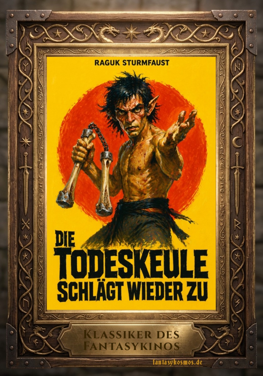 Fantasy-Filmplakat im verzierten Holzrahmen: Vor grellgelbem Hintergrund und roter Sonnenscheibe steht ein drahtiger, wild blickender Spitzohren-Kämpfer mit nacktem Oberkörper in Angriffsstellung. In der einen Hand schwingt er eine Knochenkeule an Kette, die andere Hand streckt er fordernd nach vorn. Oben steht „Raguk Sturmfaust“, unten der Titel „Die Todeskeule schlägt wieder zu“, darunter die Plakette „Klassiker des Fantasykinos“.
