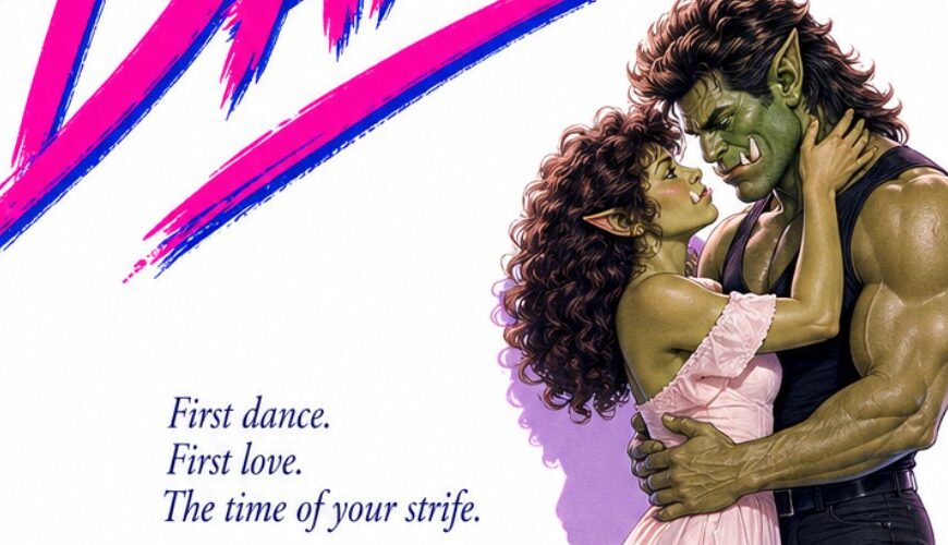 Fantasy-Meme im Stil eines 80er-Filmposters: In einem neonfarbenen Rahmen tanzt ein muskulöser grüner Ork in schwarzer Weste eng mit einer jungen Orkfrau im rosafarbenen Kleid. Darüber steht in großer pink-blauer Pinselschrift der Titel „Orky Dancing“.