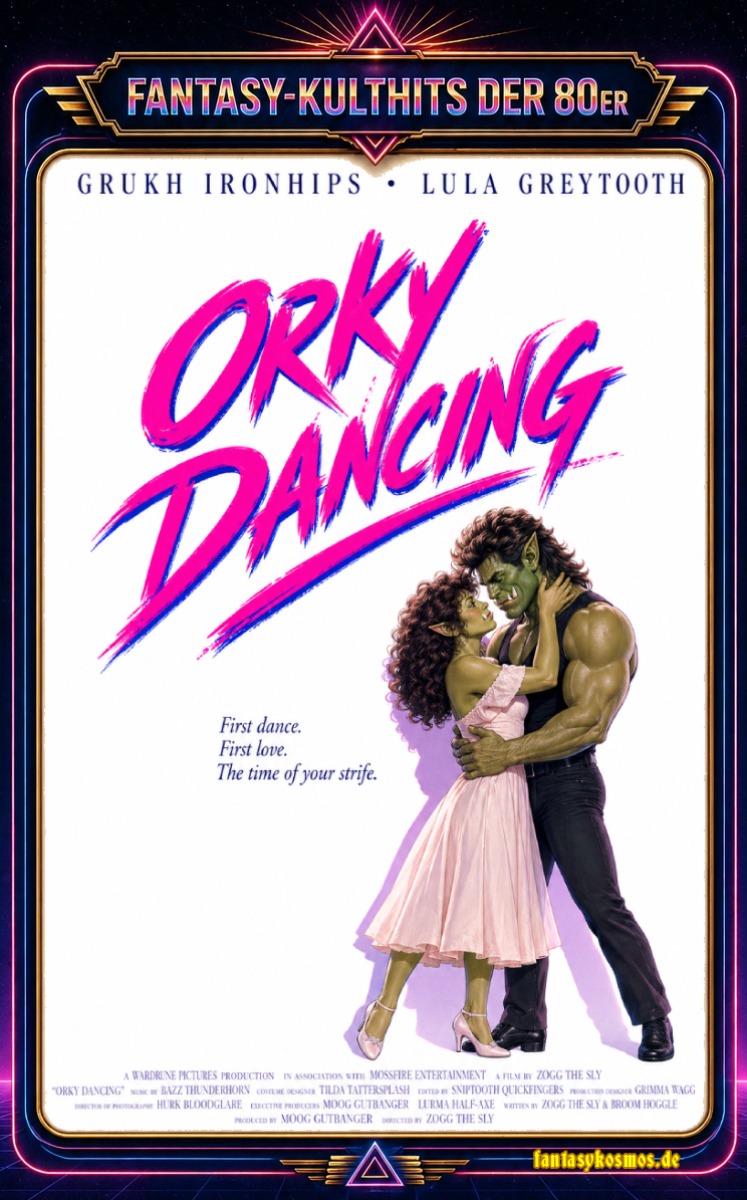 Fantasy-Meme im Stil eines 80er-Filmposters: In einem neonfarbenen Rahmen mit der Überschrift „Fantasy-Kulthits der 80er“ tanzt ein muskulöser grüner Ork in schwarzer Weste eng mit einer jungen Orkfrau im rosafarbenen Kleid. Darüber steht in großer pink-blauer Pinselschrift der Titel „Orky Dancing“. Das Bild parodiert romantische Tanzfilme der 80er mit Fantasyfiguren, Neonästhetik und absurdem Zwischenreiche-Charme.