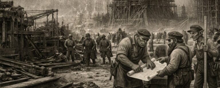 Historisch wirkende Schwarzweißaufnahme im Hochformat: Ein gewaltiger eiserner Turm erhebt sich über einer staubigen Baustelle, umgeben von Kränen, Gerüsten, Seilen und Arbeitern. Im Vordergrund beraten ein orkischer Arbeiter, ein zwergischer Ingenieur und ein goblinhafter Vermesser über einem Bauplan, während die gigantische Stahlkonstruktion im Rauch und Nebel verschwindet. Das Bild trägt die Aufschrift „Meilensteine der Fantasy-Architektur – Der Wolkenanker von Eisenparis“ und wirkt wie ein verschollener Archivfund aus den späten 1880ern.