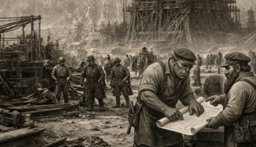 Historisch wirkende Schwarzweißaufnahme im Hochformat: Ein gewaltiger eiserner Turm erhebt sich über einer staubigen Baustelle, umgeben von Kränen, Gerüsten, Seilen und Arbeitern. Im Vordergrund beraten ein orkischer Arbeiter, ein zwergischer Ingenieur und ein goblinhafter Vermesser über einem Bauplan, während die gigantische Stahlkonstruktion im Rauch und Nebel verschwindet. Das Bild trägt die Aufschrift „Meilensteine der Fantasy-Architektur – Der Wolkenanker von Eisenparis“ und wirkt wie ein verschollener Archivfund aus den späten 1880ern.