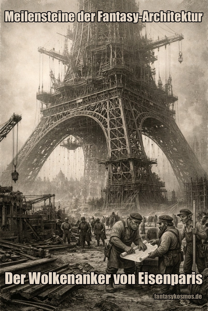 Historisch wirkende Schwarzweißaufnahme im Hochformat: Ein gewaltiger eiserner Turm erhebt sich über einer staubigen Baustelle, umgeben von Kränen, Gerüsten, Seilen und Arbeitern. Im Vordergrund beraten ein orkischer Arbeiter, ein zwergischer Ingenieur und ein goblinhafter Vermesser über einem Bauplan, während die gigantische Stahlkonstruktion im Rauch und Nebel verschwindet. Das Bild trägt die Aufschrift „Meilensteine der Fantasy-Architektur – Der Wolkenanker von Eisenparis“ und wirkt wie ein verschollener Archivfund aus den späten 1880ern.
