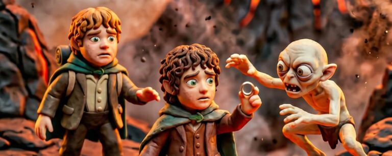 Hochformatiges Fantasy-Meme im liebevoll gebauten Knetfiguren-Stil: Auf zerklüfteten Felsen über einem glutheißen Lavaspalt stehen zwei kleine Halblinge, während ihnen ein bleicher, wildäugiger Kreaturenmann entgegenspringt. Der vordere Ringträger hält den Ring zögernd in die Höhe, der Gefährte dahinter blickt alarmiert, und unter ihnen brodelt orangegelbe Lava zwischen rissigen schwarzen Knetfelsen. Im Hintergrund raucht ein vulkanischer Schicksalsberg.