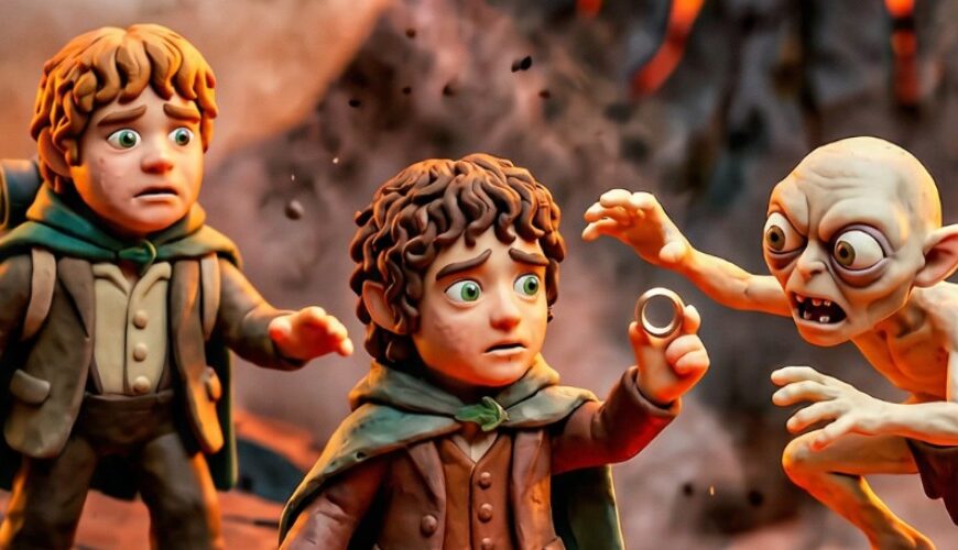 Hochformatiges Fantasy-Meme im liebevoll gebauten Knetfiguren-Stil: Auf zerklüfteten Felsen über einem glutheißen Lavaspalt stehen zwei kleine Halblinge, während ihnen ein bleicher, wildäugiger Kreaturenmann entgegenspringt. Der vordere Ringträger hält den Ring zögernd in die Höhe, der Gefährte dahinter blickt alarmiert, und unter ihnen brodelt orangegelbe Lava zwischen rissigen schwarzen Knetfelsen. Im Hintergrund raucht ein vulkanischer Schicksalsberg.