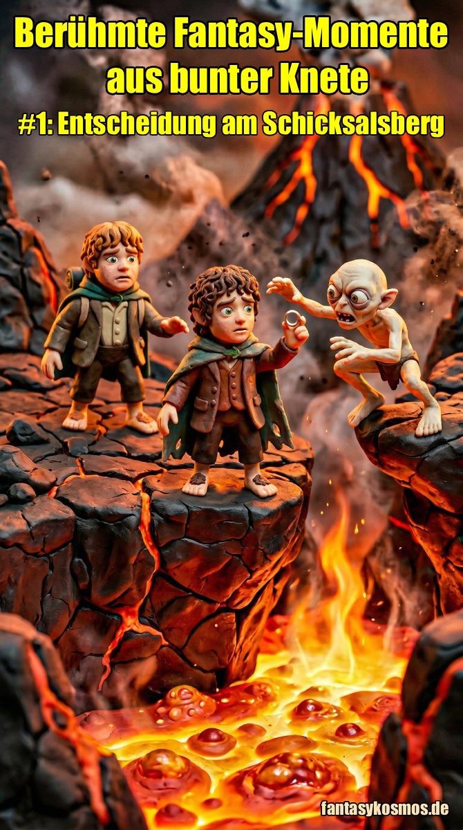 Hochformatiges Fantasy-Meme im liebevoll gebauten Knetfiguren-Stil: Auf zerklüfteten Felsen über einem glutheißen Lavaspalt stehen zwei kleine Halblinge, während ihnen ein bleicher, wildäugiger Kreaturenmann entgegenspringt. Der vordere Ringträger hält den Ring zögernd in die Höhe, der Gefährte dahinter blickt alarmiert, und unter ihnen brodelt orangegelbe Lava zwischen rissigen schwarzen Knetfelsen. Im Hintergrund raucht ein vulkanischer Schicksalsberg. Über der Szene steht in großen gelben Buchstaben der Serientitel, unten rechts die Signatur fantasykosmos.de.