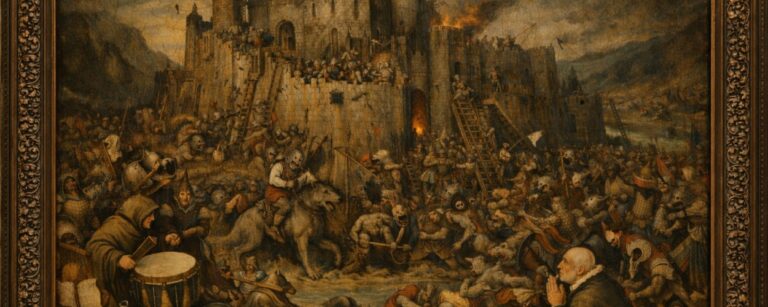 Bosch-inspirierte Fantasy-Parodie einer riesigen Belagerungsszene im verzierten dunkelgrünen Goldrahmen: Eine gewaltige Festung im engen Bergtal wird von grotesken Orks, Warg-Reitern, Leitern, Trommlern und zahllosen kleinen Albtraumfiguren bedrängt. Überall im Bild geschehen bizarre Mini-Szenen zwischen Schlamm, Feuer, Gebeten und Gewalt.