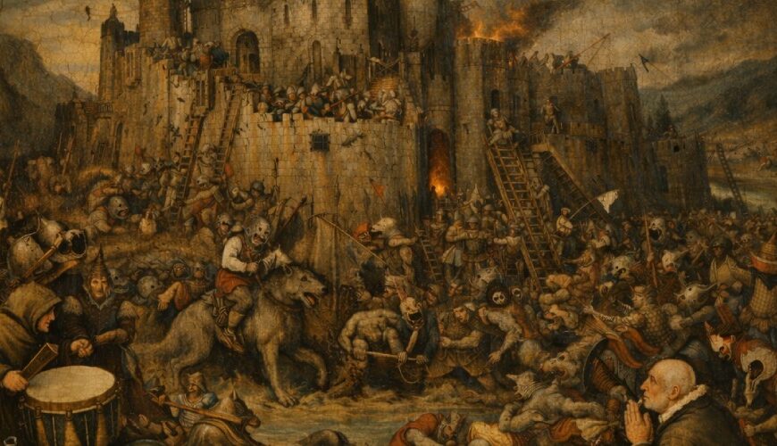 Bosch-inspirierte Fantasy-Parodie einer riesigen Belagerungsszene im verzierten dunkelgrünen Goldrahmen: Eine gewaltige Festung im engen Bergtal wird von grotesken Orks, Warg-Reitern, Leitern, Trommlern und zahllosen kleinen Albtraumfiguren bedrängt. Überall im Bild geschehen bizarre Mini-Szenen zwischen Schlamm, Feuer, Gebeten und Gewalt.