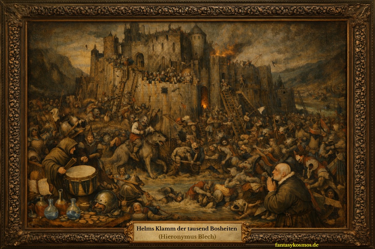VBosch-inspirierte Fantasy-Parodie einer riesigen Belagerungsszene im verzierten dunkelgrünen Goldrahmen: Eine gewaltige Festung im engen Bergtal wird von grotesken Orks, Warg-Reitern, Leitern, Trommlern und zahllosen kleinen Albtraumfiguren bedrängt. Überall im Bild geschehen bizarre Mini-Szenen zwischen Schlamm, Feuer, Gebeten und Gewalt. Oben steht „Galerie der entgleisten Meisterwerke“, unten die Plakette „Helms Klamm der tausend Bosheiten“, Signatur „fantasykosmos.de“.